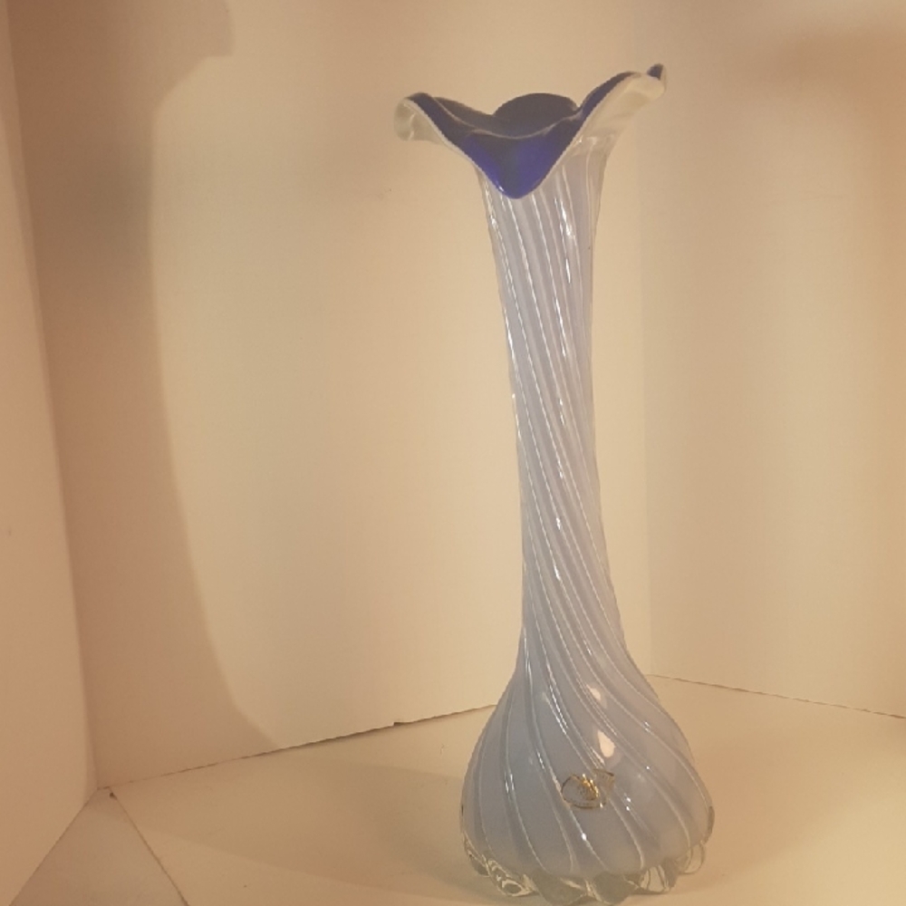 Cavalier Art Glass Hand Blown Footed Cased Glass Vase. Lt Blue Over Dark Blue.